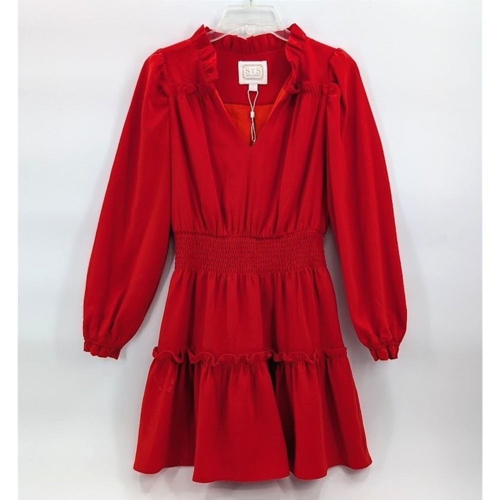 STS Sail to Sable Red Smocked Waist Dress Tiered Mini Ruffle V Neck XS Prom Hoco